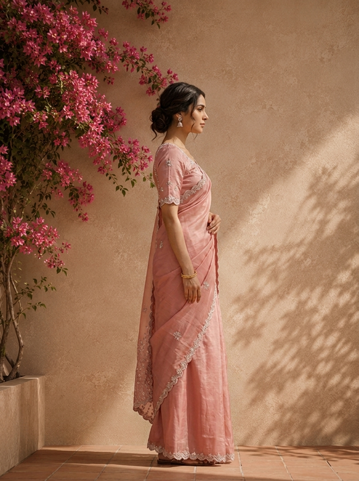 Onion Organza Scattered Stone Embroidered Saree With Scallop Border
