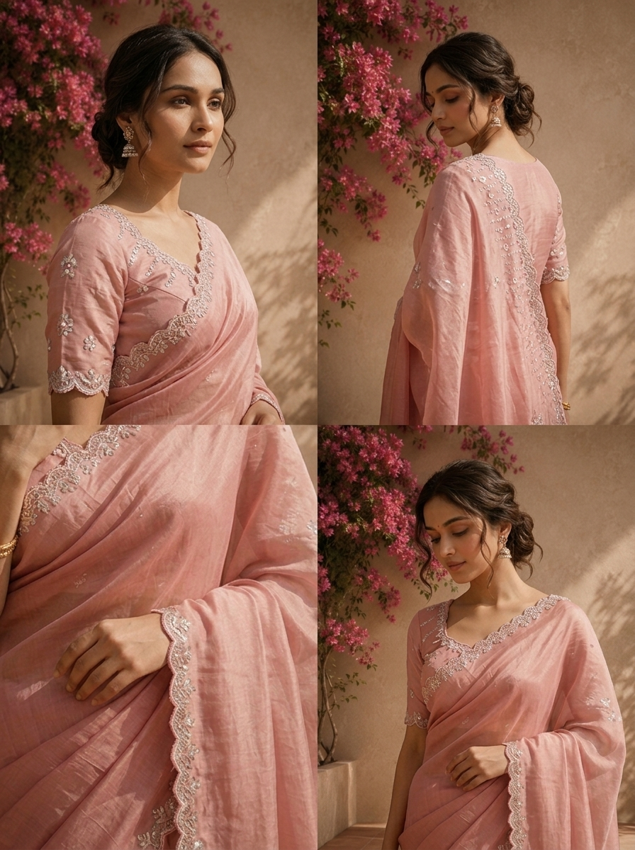 Onion Organza Scattered Stone Embroidered Saree With Scallop Border