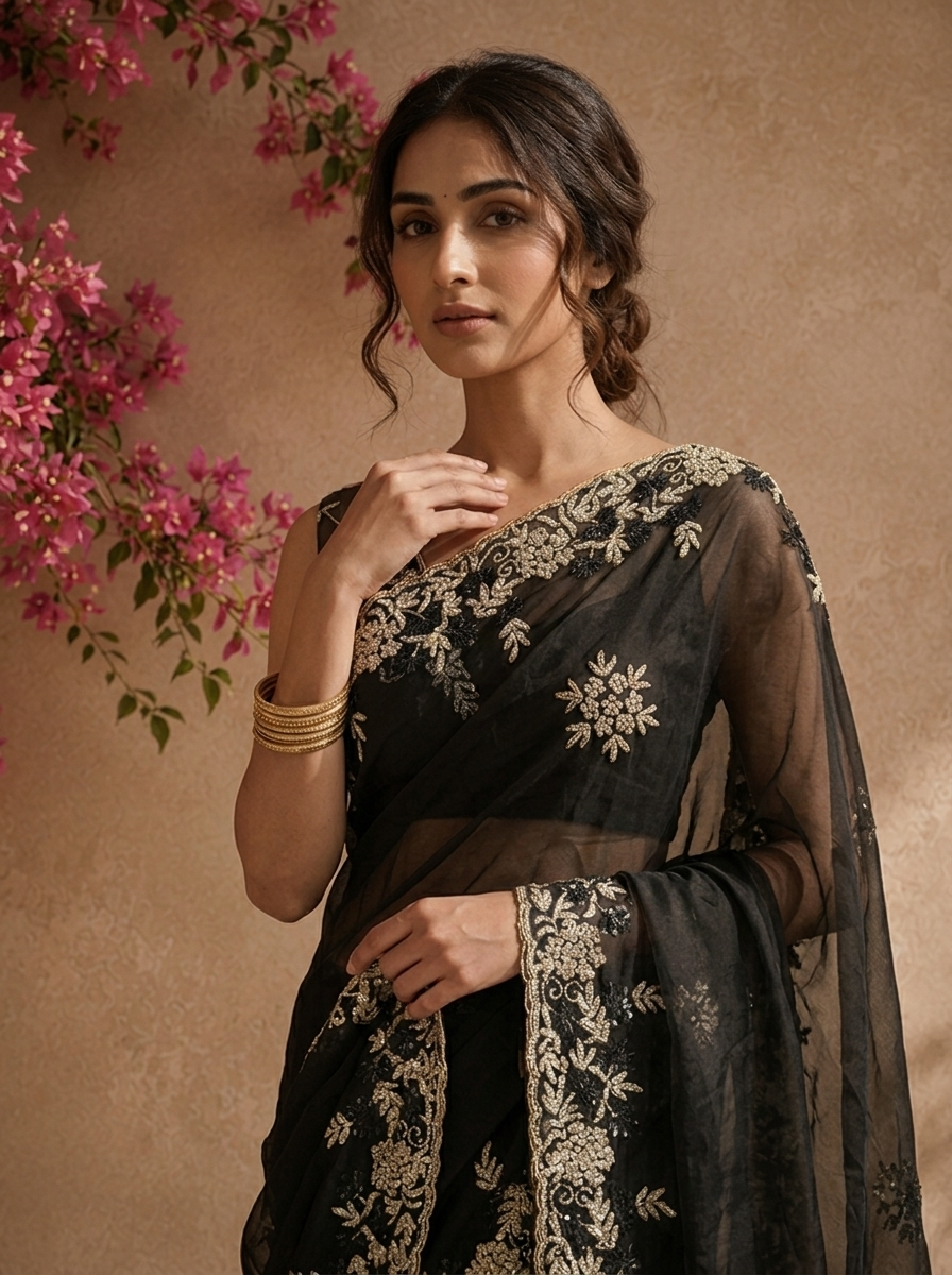 Black Organza Saree With Zardozi And Bead Embroidered