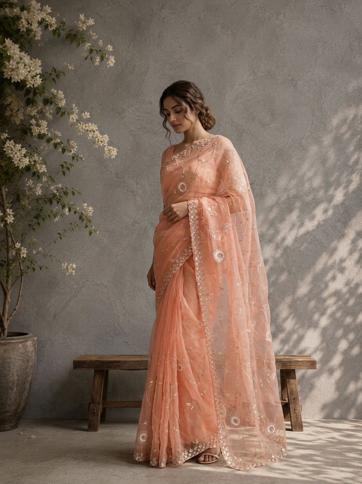 Coral Organza Mirror And Stone Embroidered Saree With Embellished Border