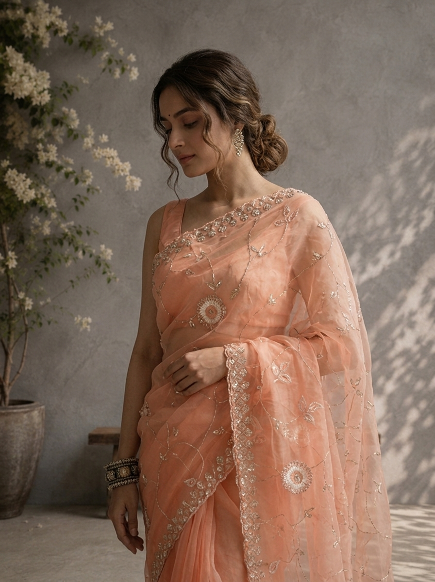 Coral Organza Mirror And Stone Embroidered Saree With Embellished Border