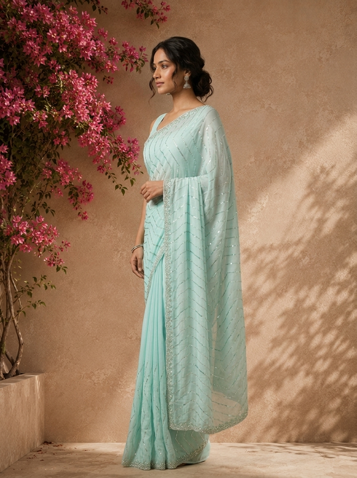 Sea Green Organza Sequin Embroidered Saree
