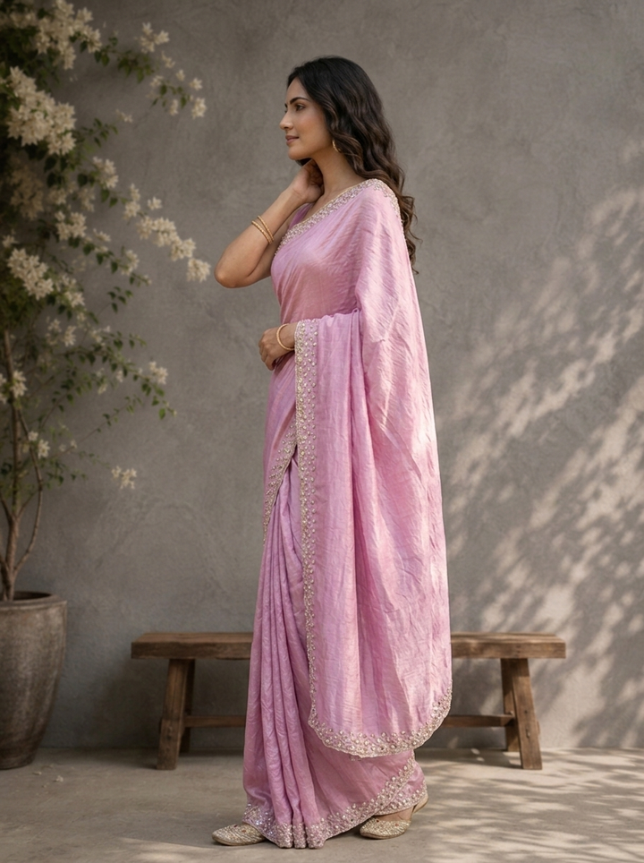 Lilac Organza Solid Saree With Mirror And Pearl Border