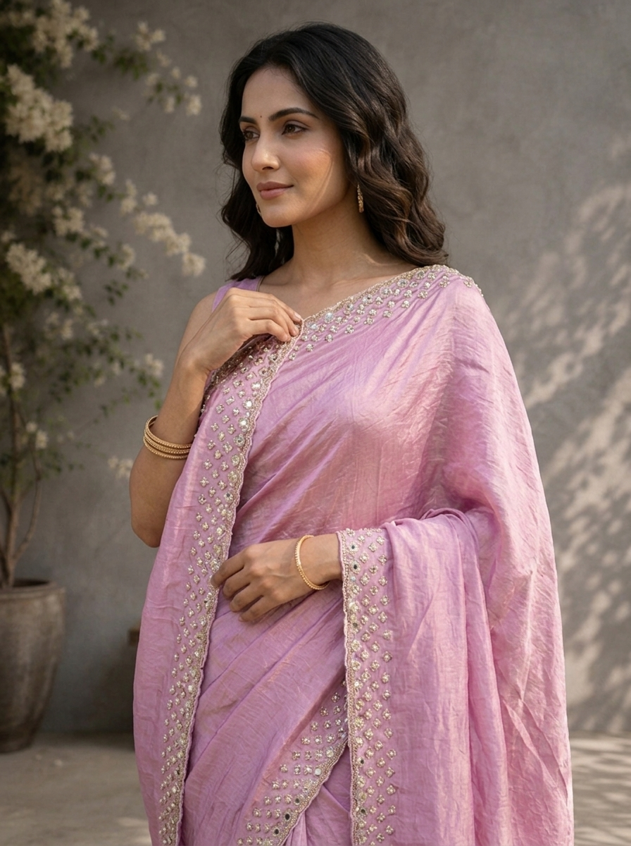 Lilac Organza Solid Saree With Mirror And Pearl Border