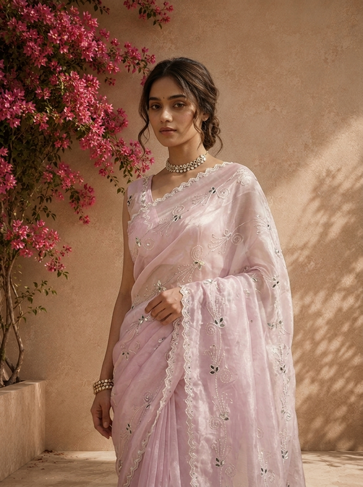 Purple Organza Scattered Mirror Butis Embroidered Saree
