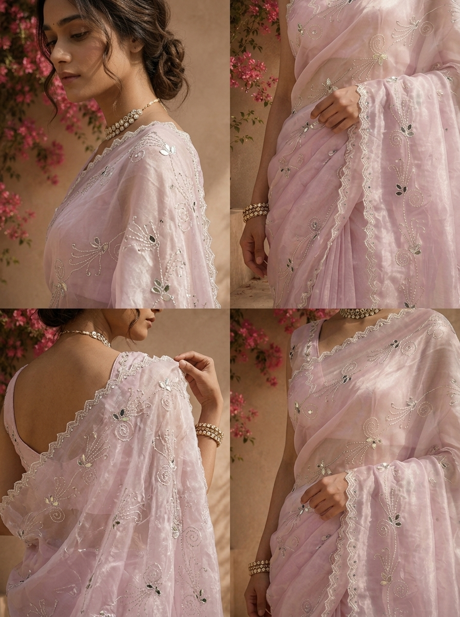 Purple Organza Scattered Mirror Butis Embroidered Saree