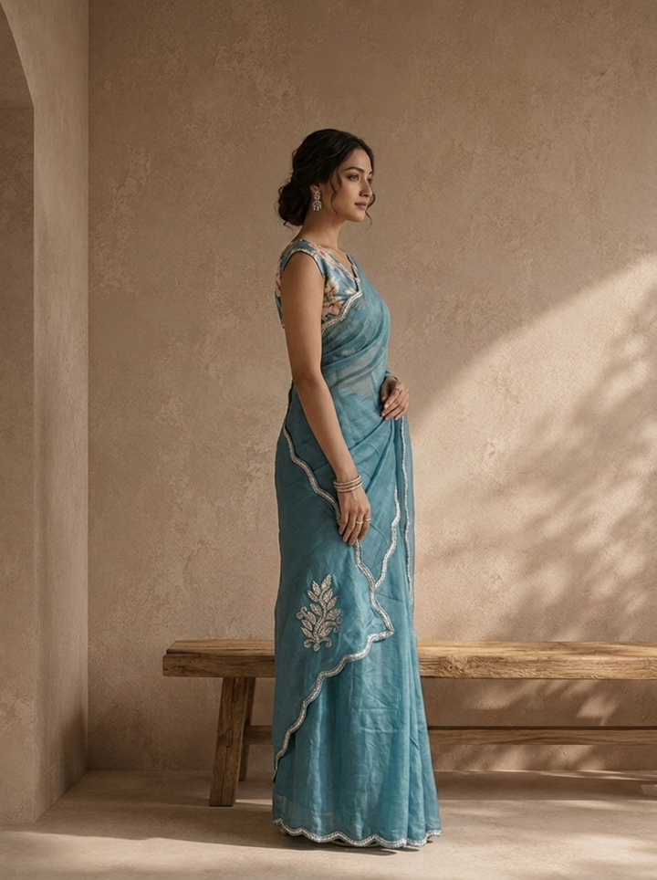 Sea Blue Organza Embroidered Saree With Scallop Gota Border