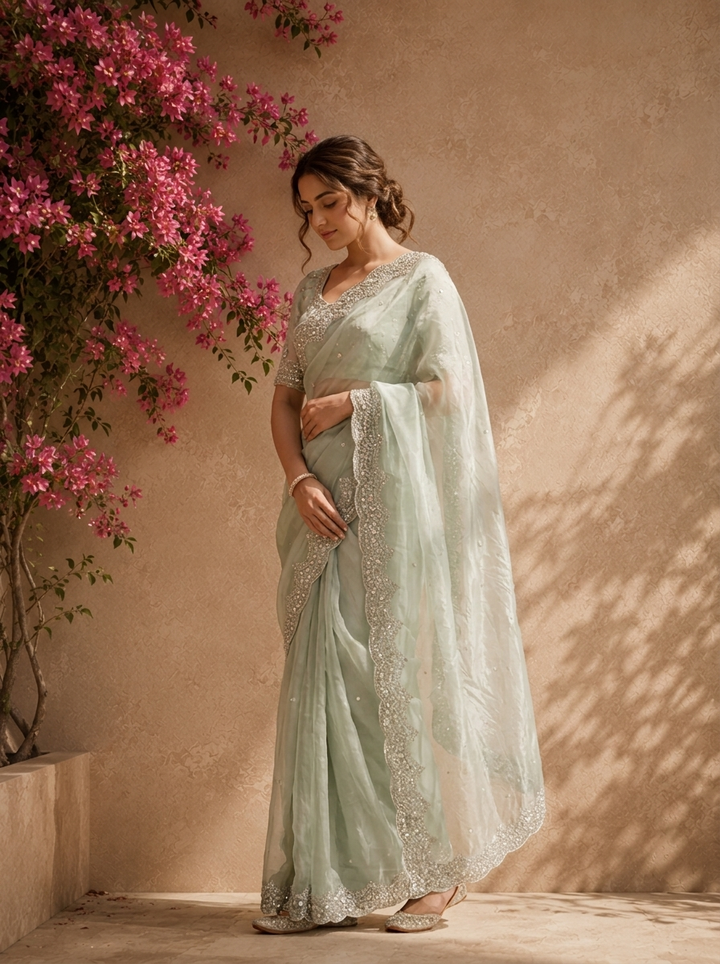 Pista Green Organza Tie-Dye Saree With Heavy Scallop Stone And Mirror Border