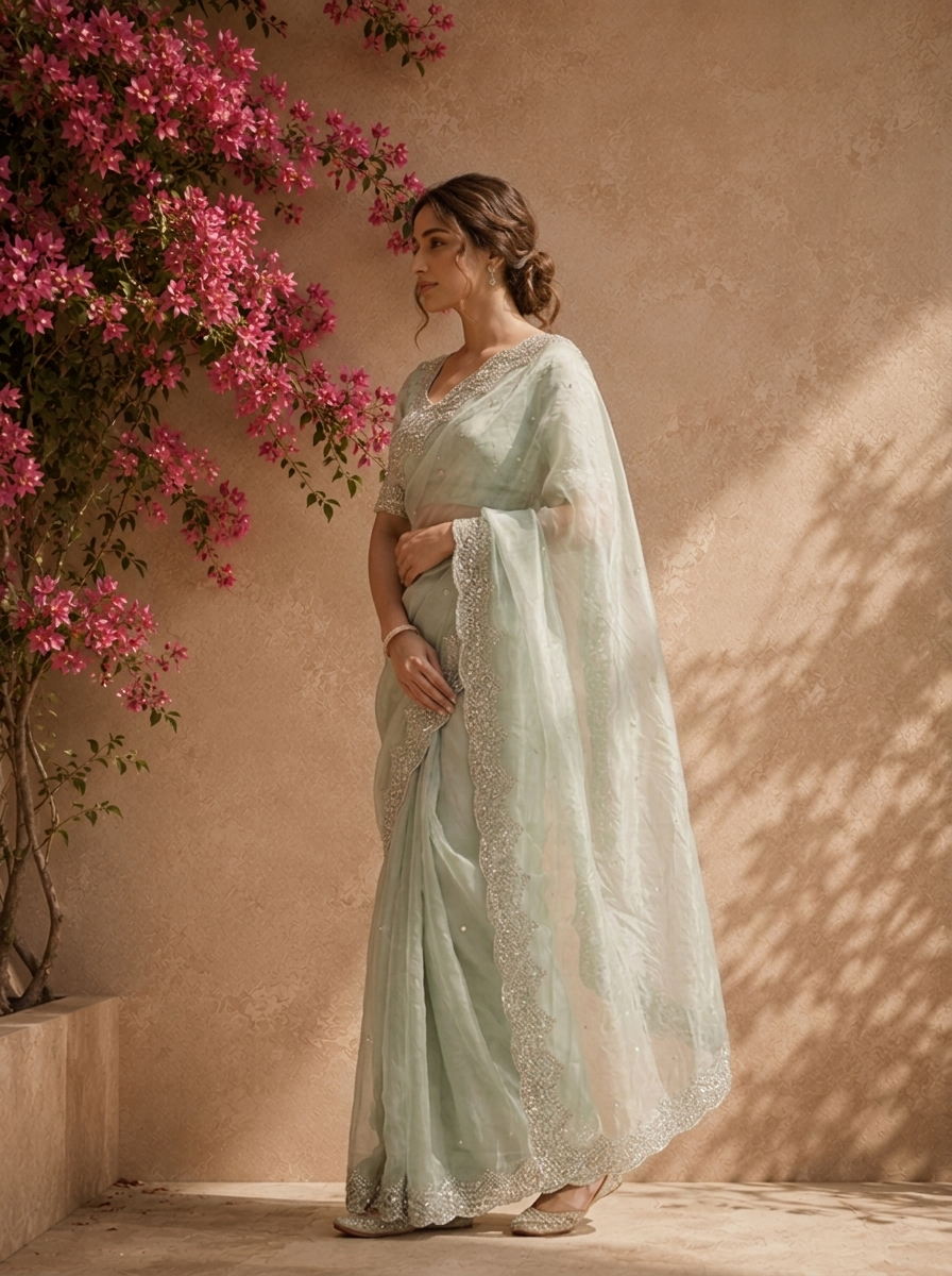 Pista Green Organza Tie-Dye Saree With Heavy Scallop Stone And Mirror Border
