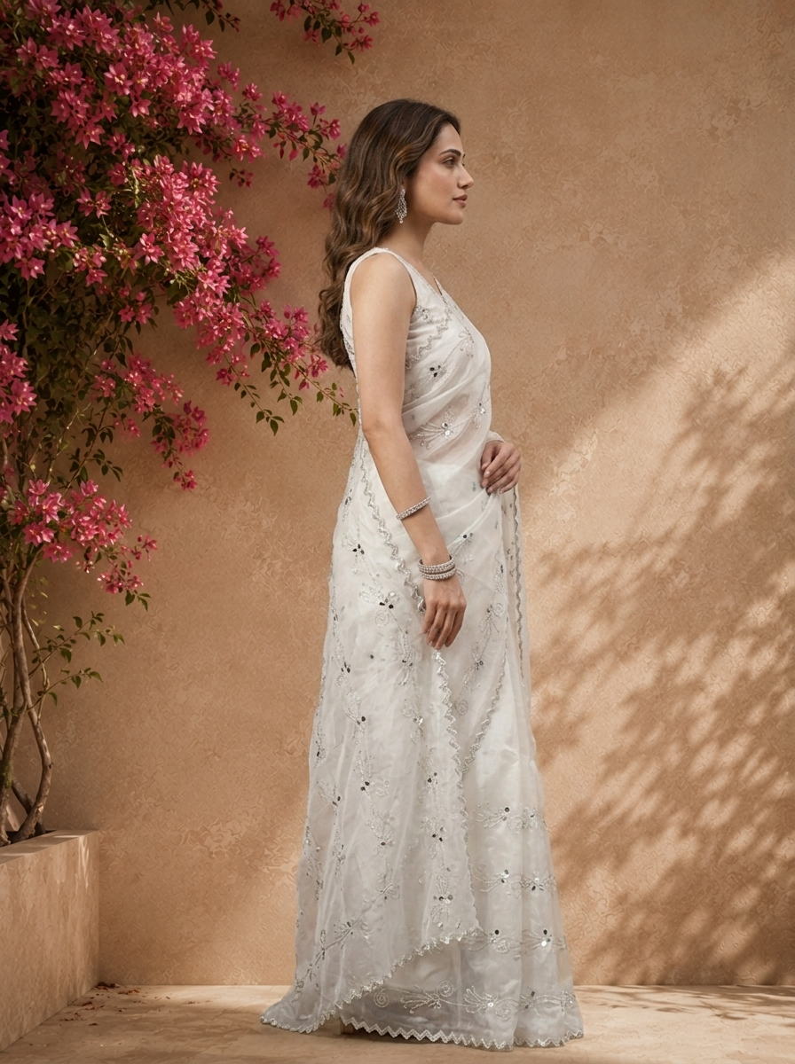 Cream Organza Scattered Mirror Butis Embroidered Saree