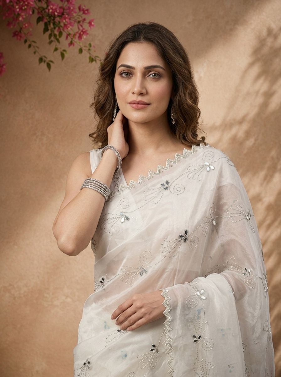 Cream Organza Scattered Mirror Butis Embroidered Saree