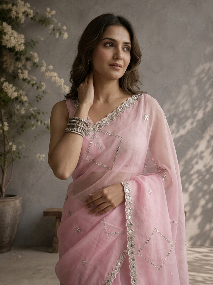 Baby Pink Organza Geometric Sequin Jaal Embroidered Saree With Mirror Border
