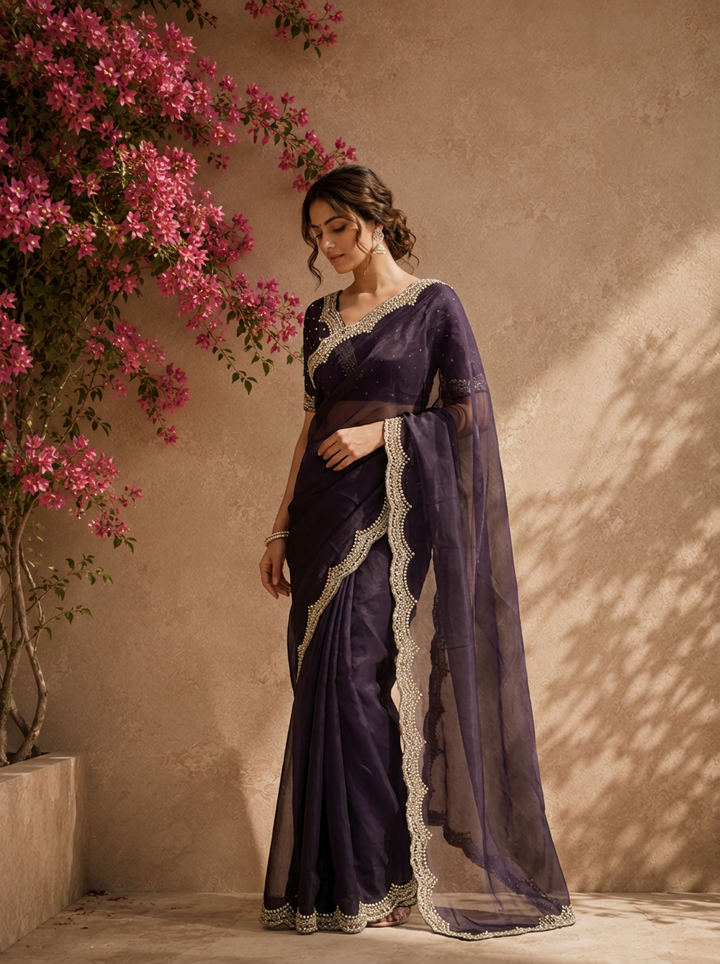 Purple Organza Solid Saree With Heavy Scallop Stone And Bead Border