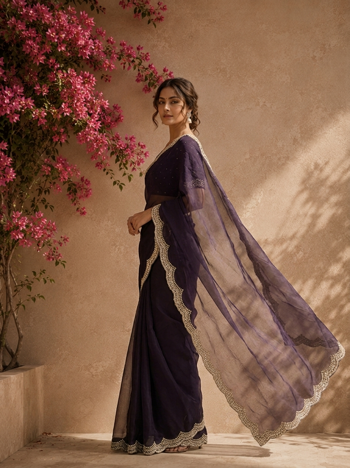 Purple Organza Solid Saree With Heavy Scallop Stone And Bead Border
