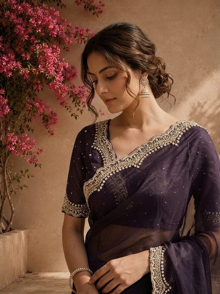 Purple Organza Solid Saree With Heavy Scallop Stone And Bead Border