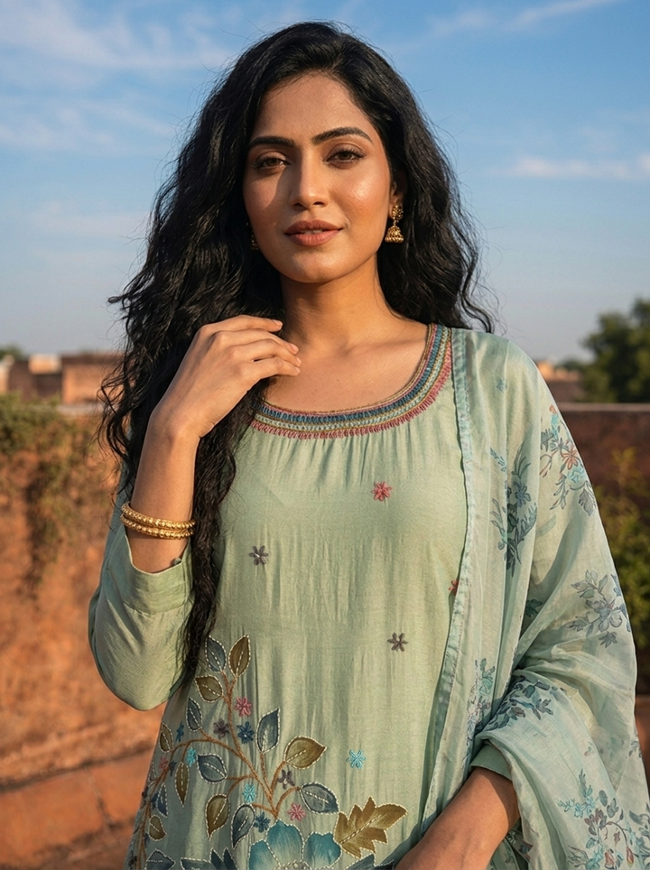 Pista Cotton Floral Motifs Printed Three Piece Set