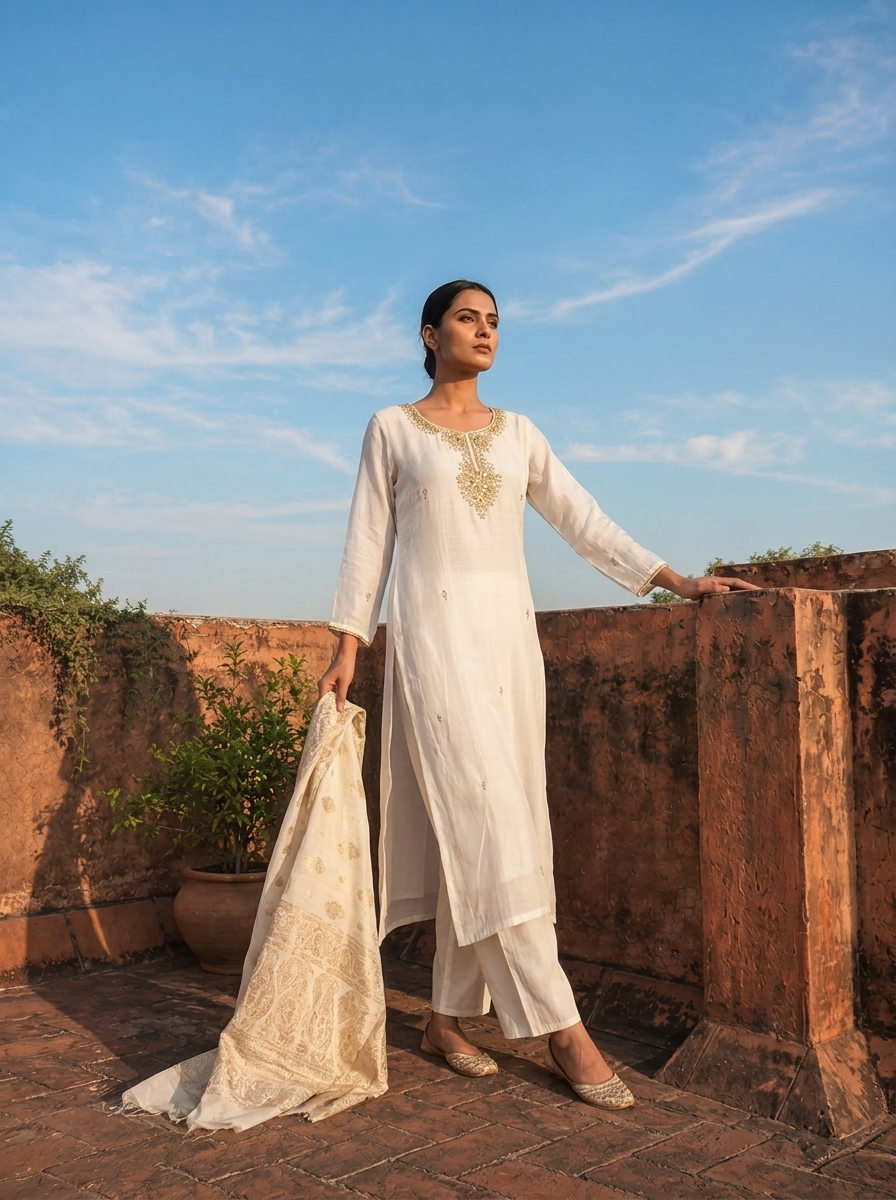 Cream Muslin Heavy Zari Embroidered Three Piece Set