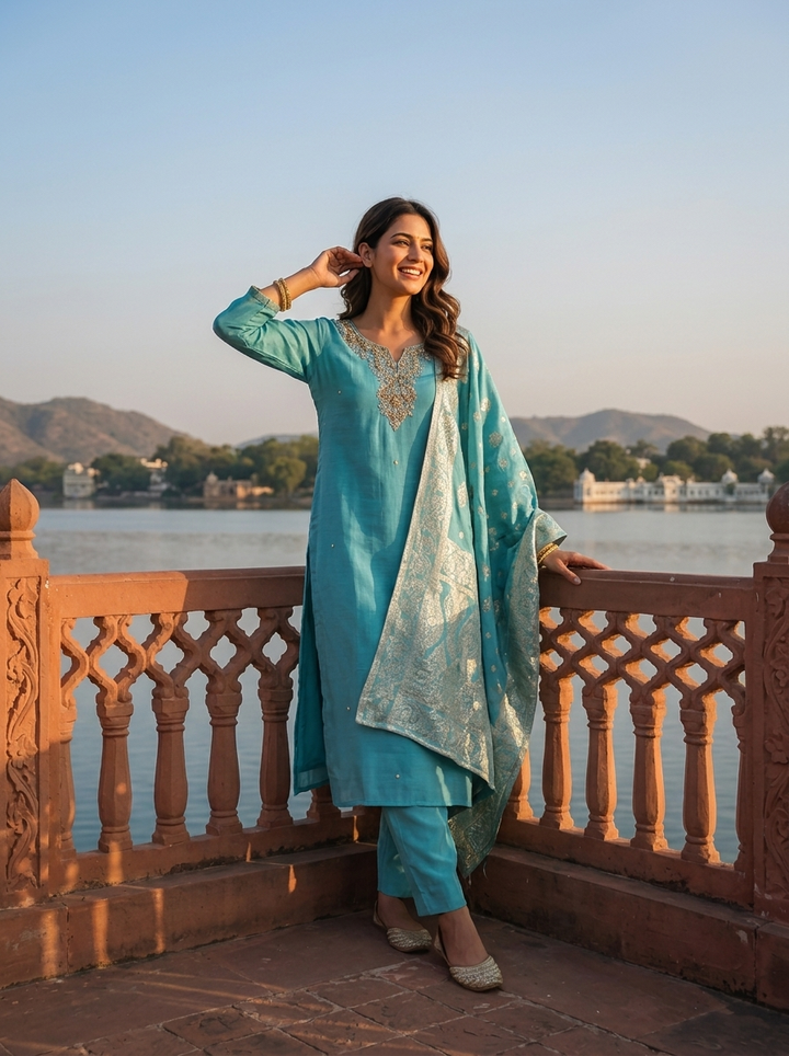 Sky Blue Muslin Heavy Zardozi And Stone Embroidered Three Piece Set