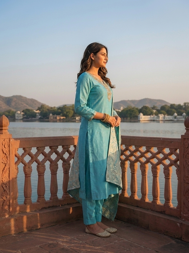 Sky Blue Muslin Heavy Zardozi And Stone Embroidered Three Piece Set