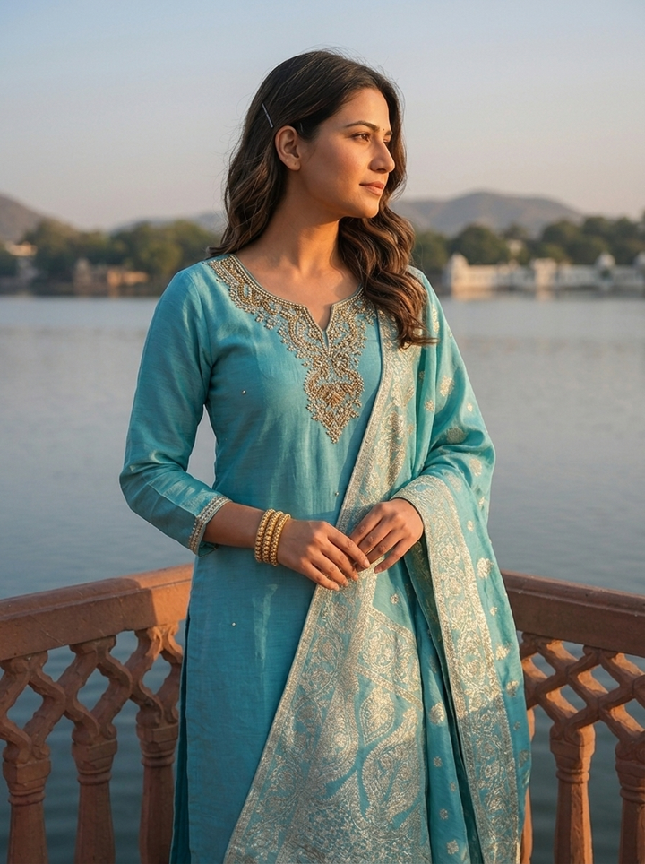 Sky Blue Muslin Heavy Zardozi And Stone Embroidered Three Piece Set