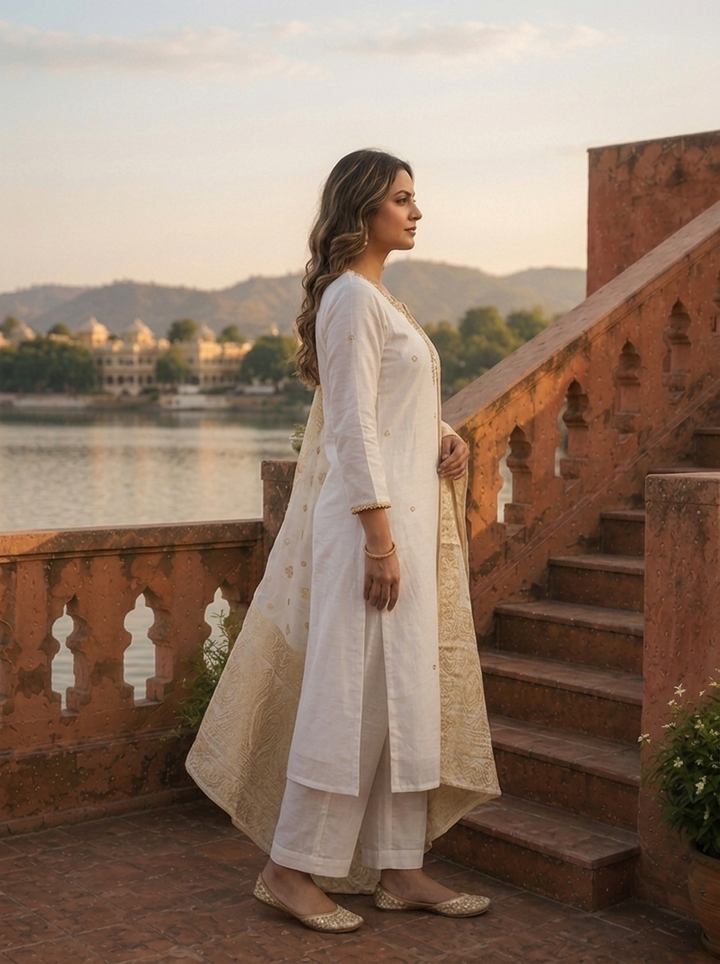 Cream Muslin Heavy Zardozi And Stone Embroidered Three Piece Set