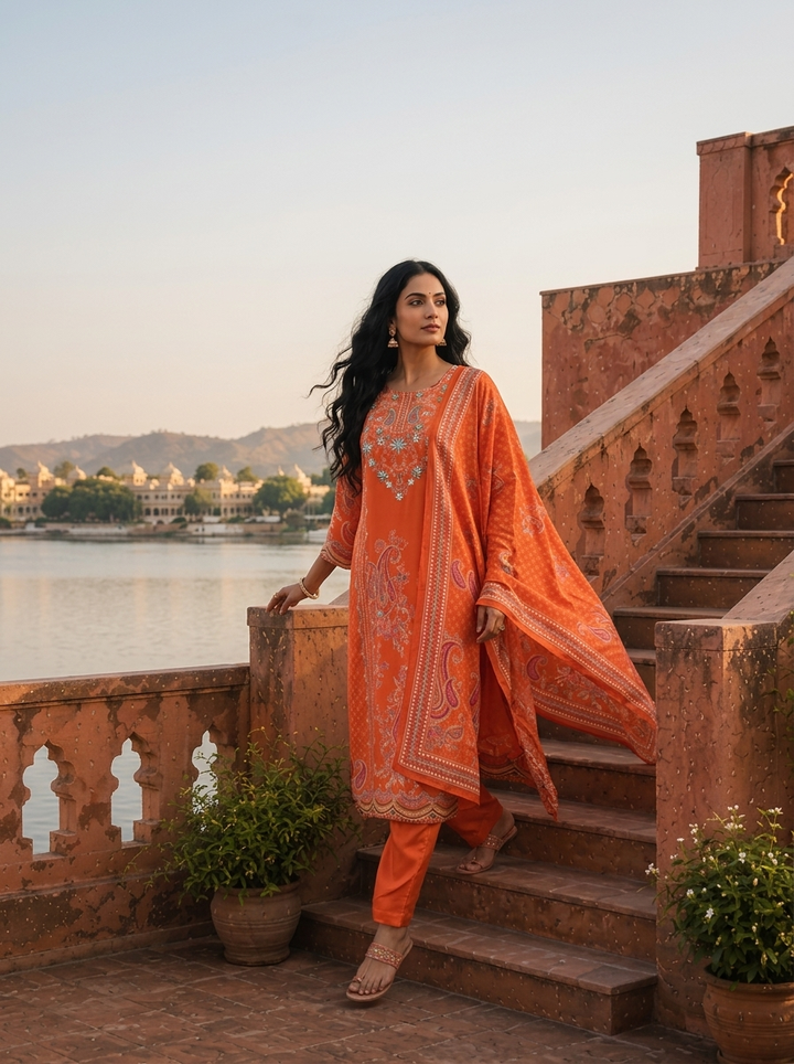 Orange Crepe Paisley Buta With Geometric Dots Printed Three Piece Set
