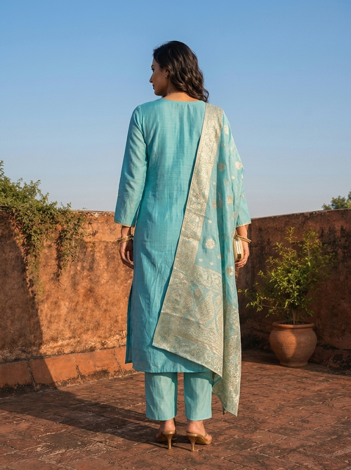 Sky Blue Muslin Heavy Zari Embroidered Three Piece Set