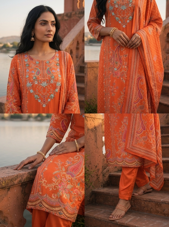 Orange Crepe Paisley Buta With Geometric Dots Printed Three Piece Set