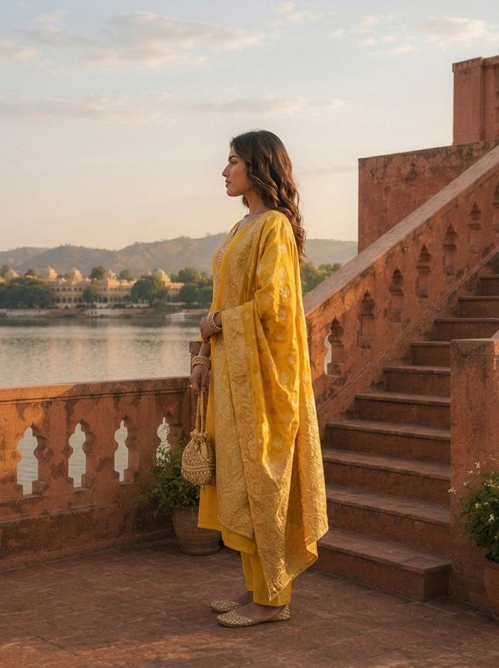 Yellow Muslin Heavy Double Pendant Embroidered Three Piece Set