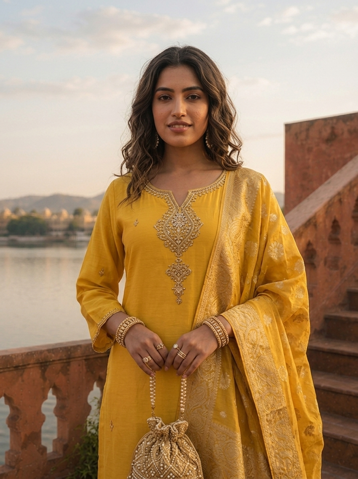 Yellow Muslin Heavy Double Pendant Embroidered Three Piece Set
