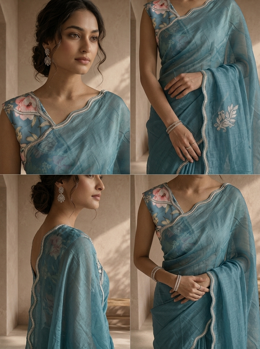 Sea Blue Organza Embroidered Saree With Scallop Gota Border