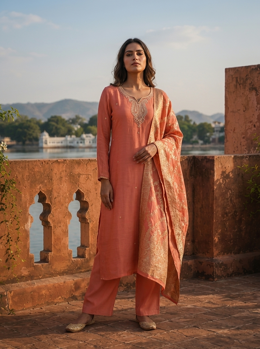 Onion Muslin Paisley Motif Embroidered Three Piece Set