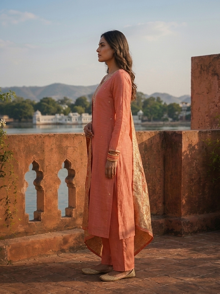Onion Muslin Paisley Motif Embroidered Three Piece Set