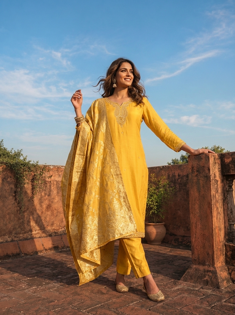 Yellow Muslin Paisley Motif Embroidered Three Piece Set