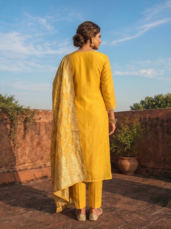 Yellow Muslin Paisley Motif Embroidered Three Piece Set