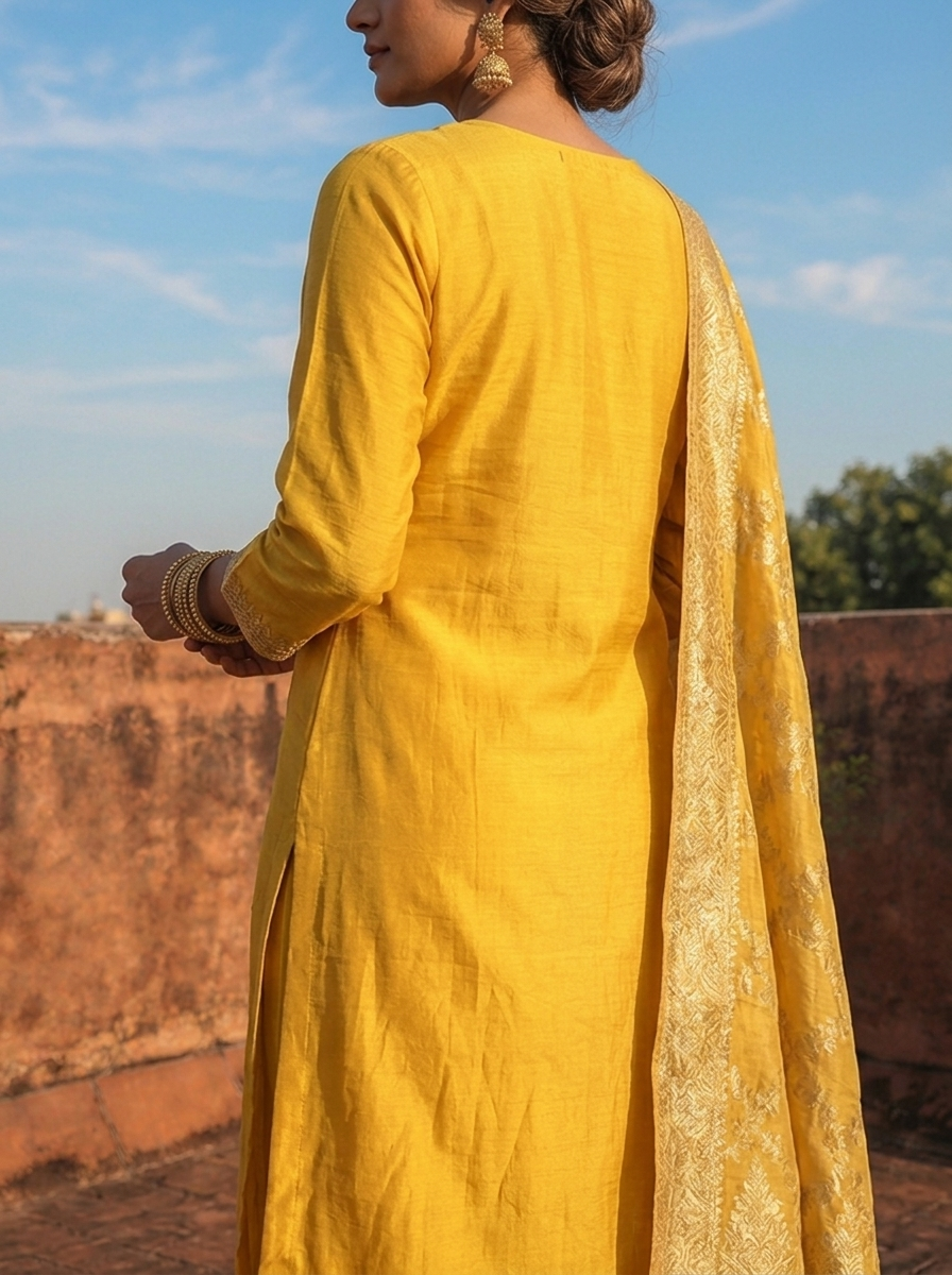 Yellow Muslin Paisley Motif Embroidered Three Piece Set