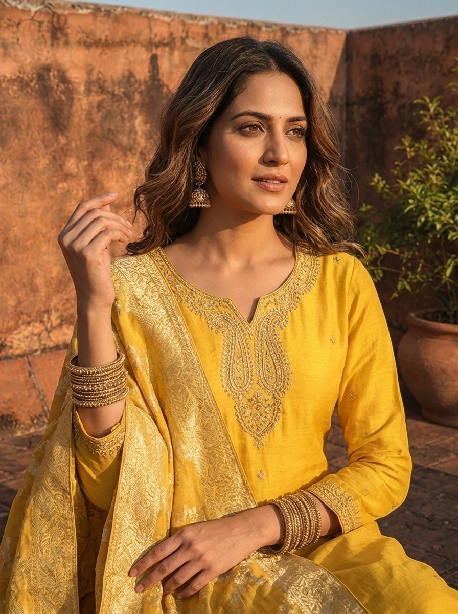 Yellow Muslin Paisley Motif Embroidered Three Piece Set