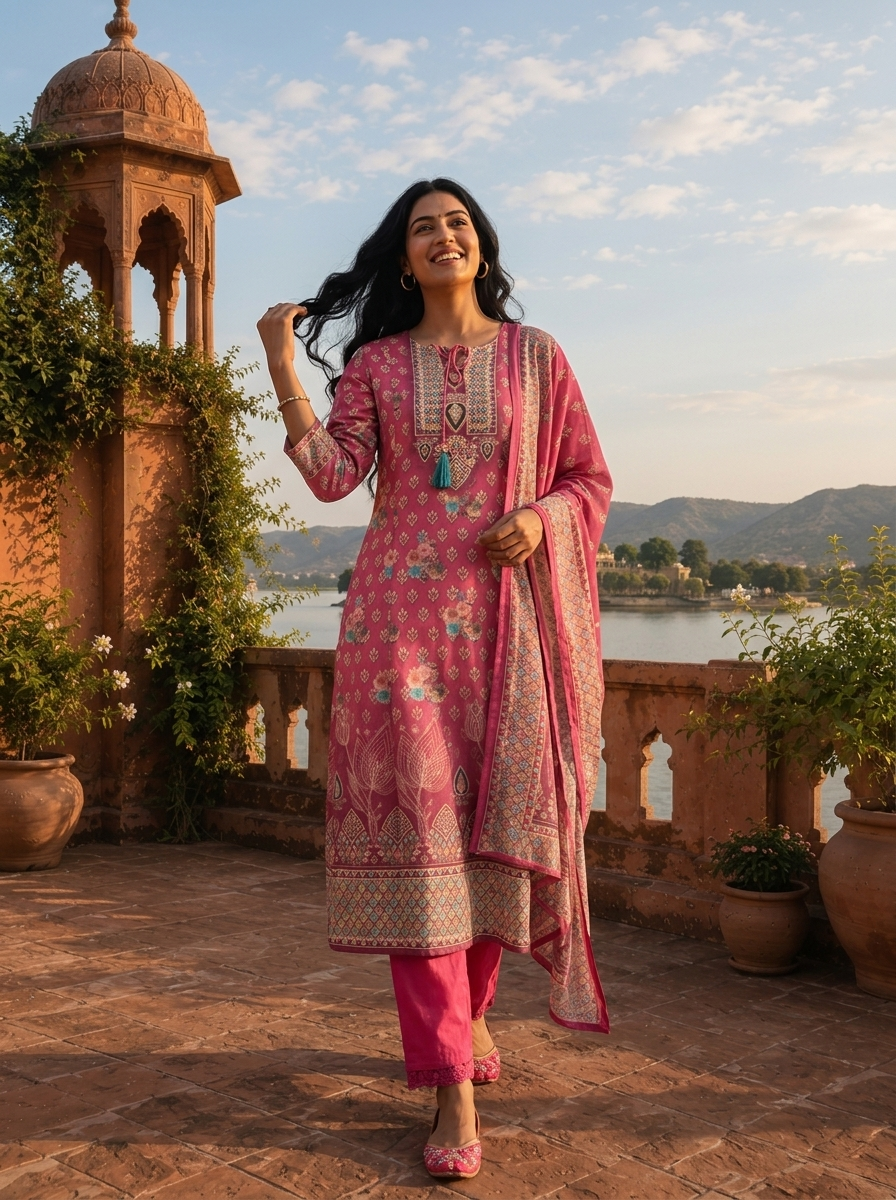 Magenta Silk Ajrakh Block Printed Three Piece Set