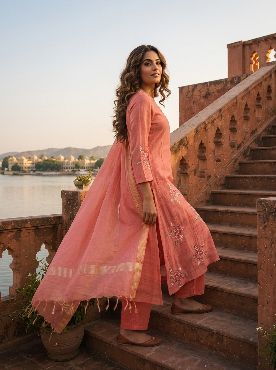 Onion Silk Floral Motif Embroidered Three Piece Set