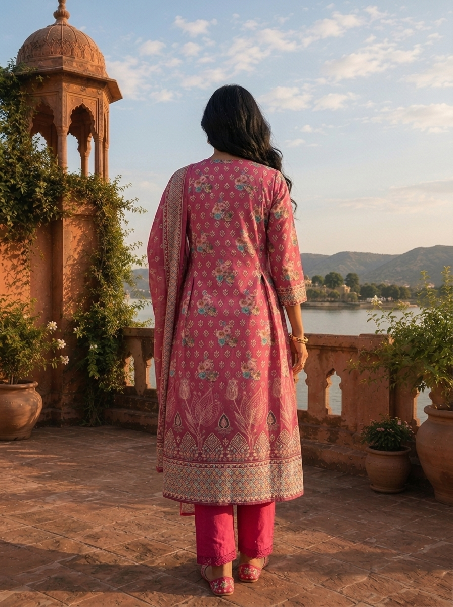Magenta Silk Ajrakh Block Printed Three Piece Set
