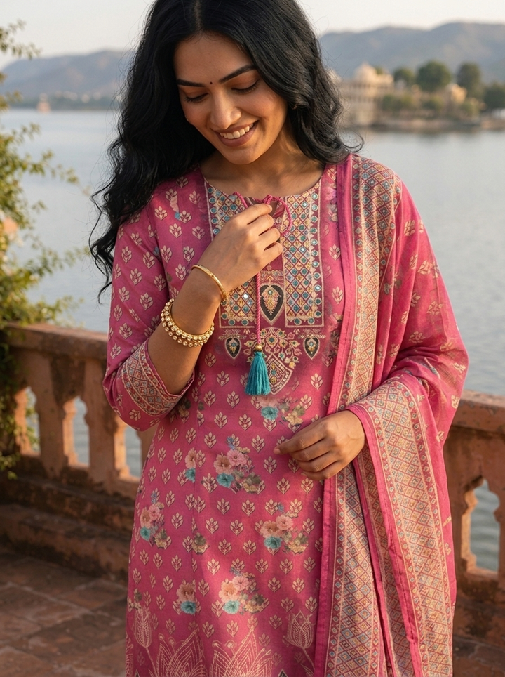 Magenta Silk Ajrakh Block Printed Three Piece Set