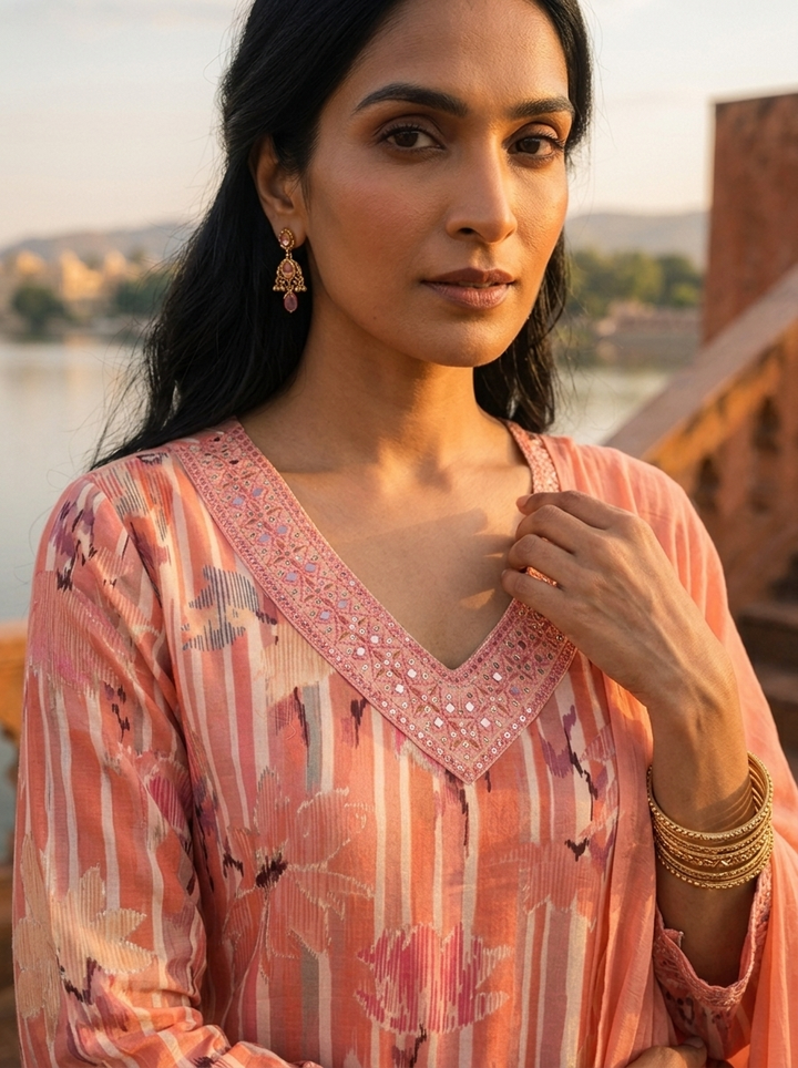 Peach Cotton Lotus Floral Printed Three Piece Set