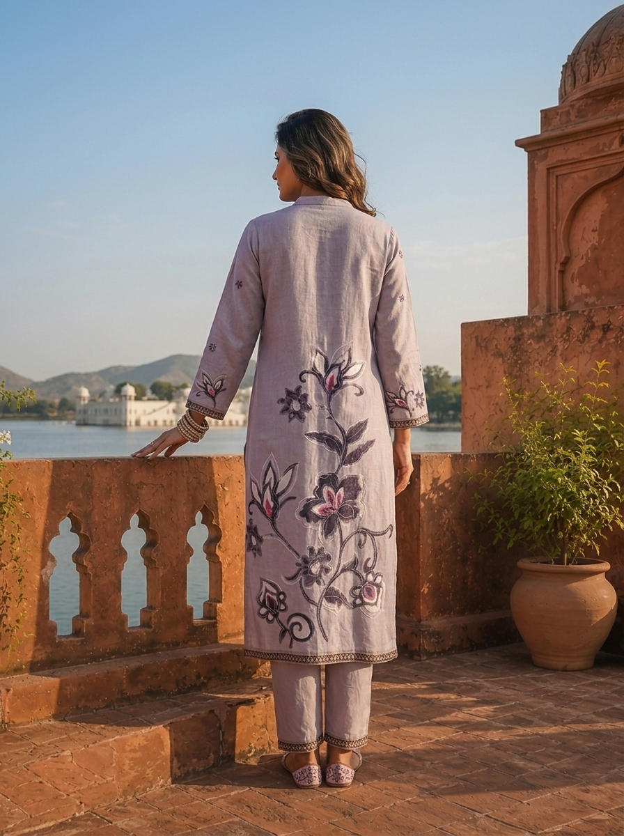 Grey Cotton Floral Digital Printed Three Piece Set