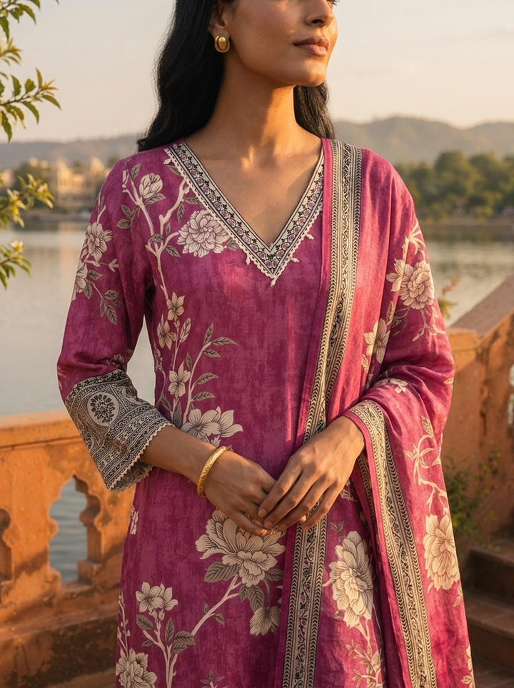 Magenta Muslin Floral Jaal Printed Three Piece Set