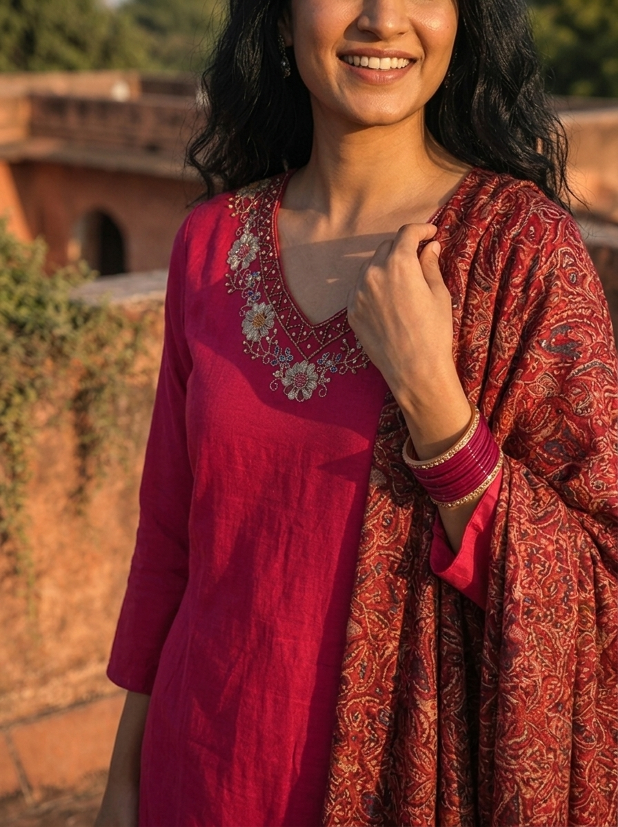 Magenta Cotton Floral Embroidered Three Piece Set