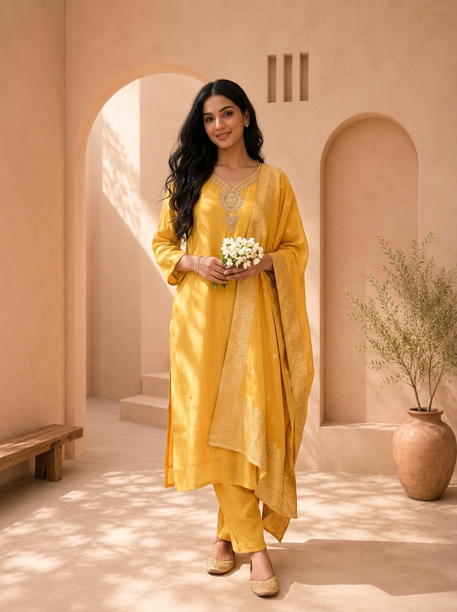 Yellow Muslin Heavy Stone And Zari Embroidered Three Piece Set