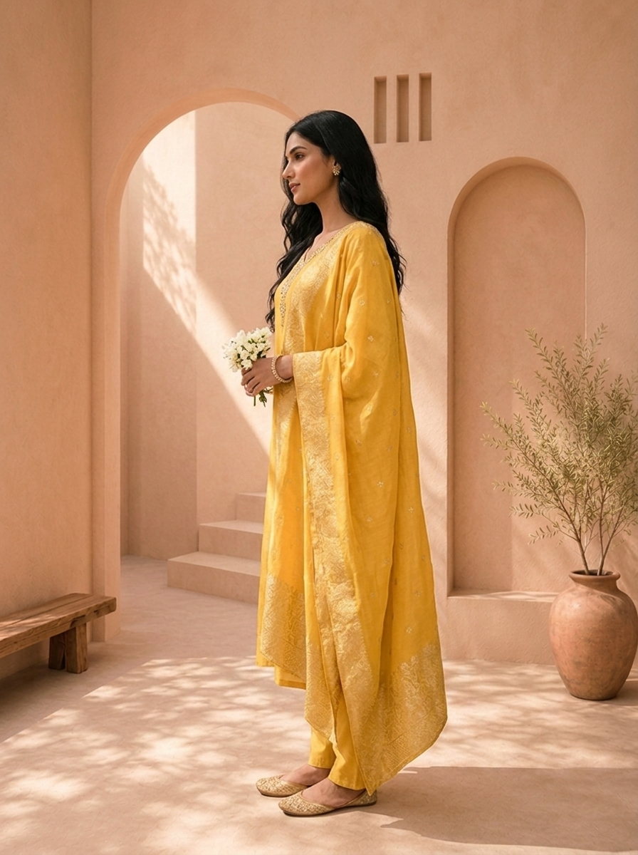 Yellow Muslin Heavy Stone And Zari Embroidered Three Piece Set