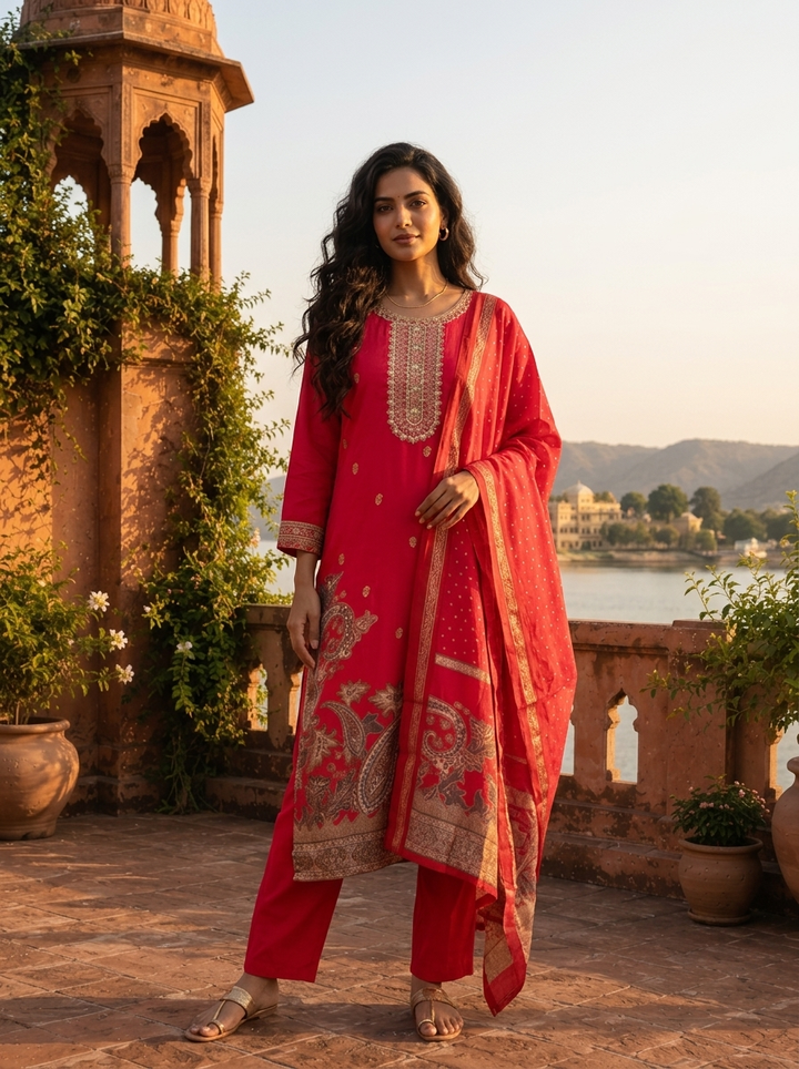 Rani Pink Silk Large Paisley Printed Three Piece Set