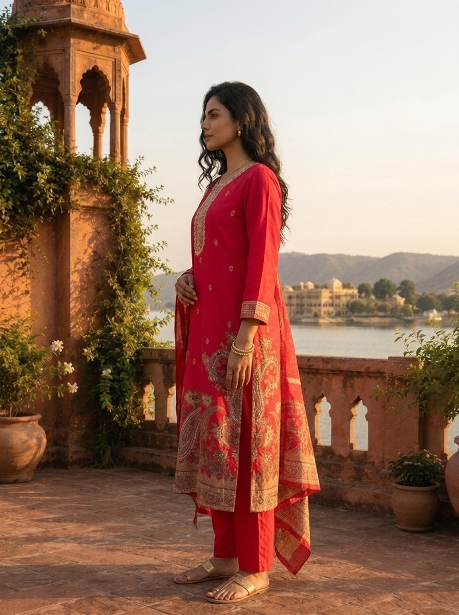 Rani Pink Silk Large Paisley Printed Three Piece Set