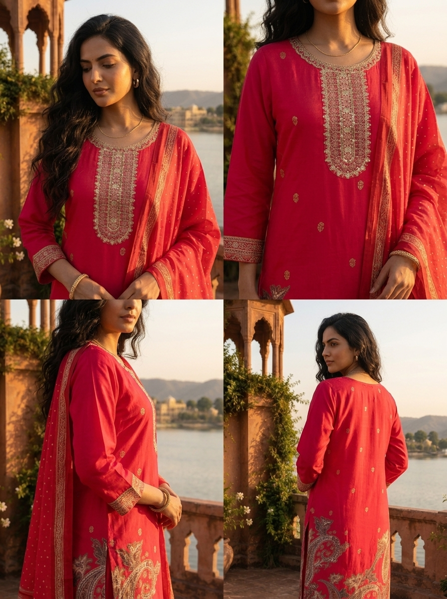 Rani Pink Silk Large Paisley Printed Three Piece Set